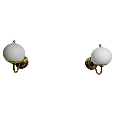 Mid-Century Brass and Opaline Glass Wall Lamps, Italy, 1960s, Set of 2-PUK-2024100