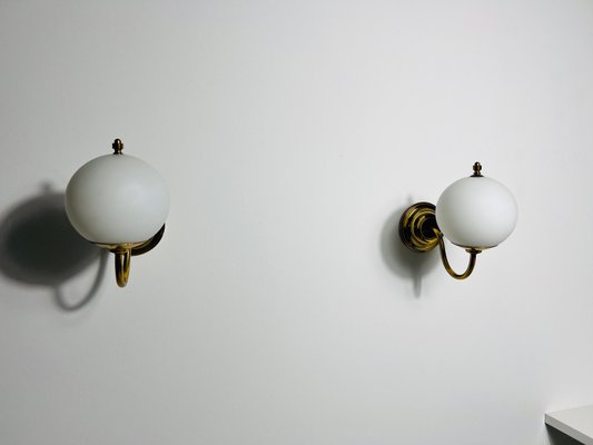 Mid-Century Brass and Opaline Glass Wall Lamps, Italy, 1960s, Set of 2-PUK-2024100