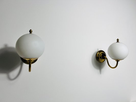 Mid-Century Brass and Opaline Glass Wall Lamps, Italy, 1960s, Set of 2-PUK-2024100