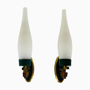 Mid-Century Brass and Opaline Glass Wall Lamps, Italy, 1960s, Set of 2-PUK-1355447