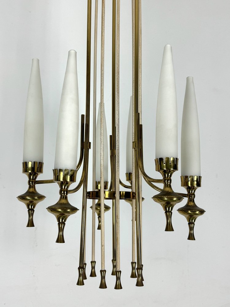 Mid-Century Brass and Opaline Glasses Chandelier from Arredoluce Monza, Italy, 1950s