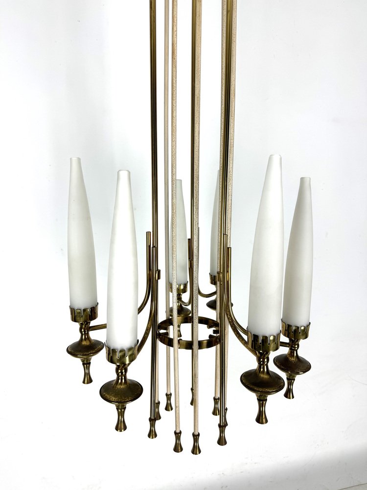 Mid-Century Brass and Opaline Glasses Chandelier from Arredoluce Monza, Italy, 1950s