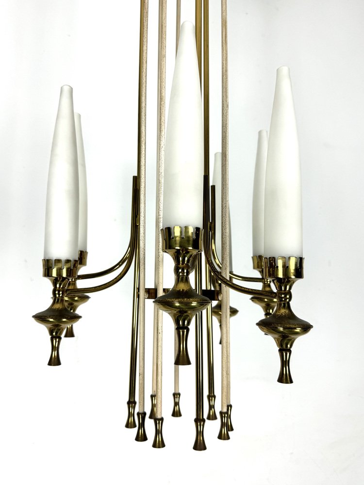 Mid-Century Brass and Opaline Glasses Chandelier from Arredoluce Monza, Italy, 1950s