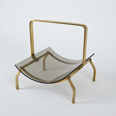 Mid-Century Brass and Smoked Glass Magazine Rack from Fontana Arte, Italy, 1960s-JDR-1195160