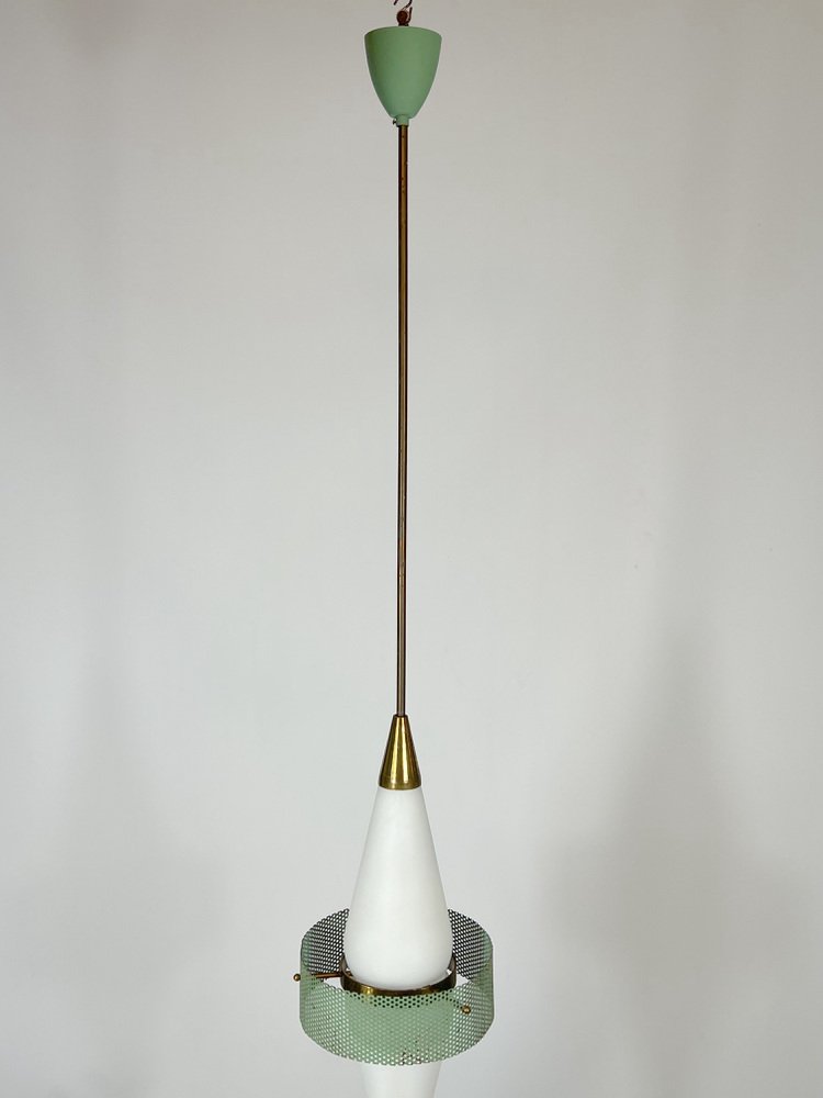 Mid-Century Brass and Triplex Opaline Glass Pendant Lamp from Stilnovo