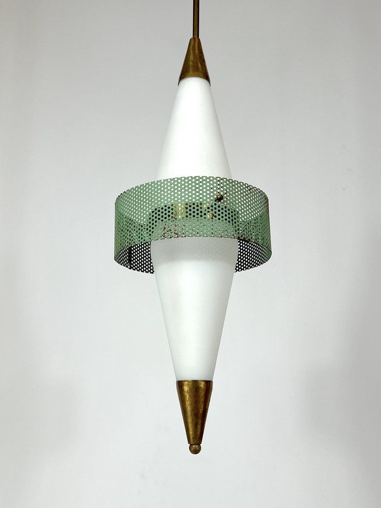 Mid-Century Brass and Triplex Opaline Glass Pendant Lamp from Stilnovo