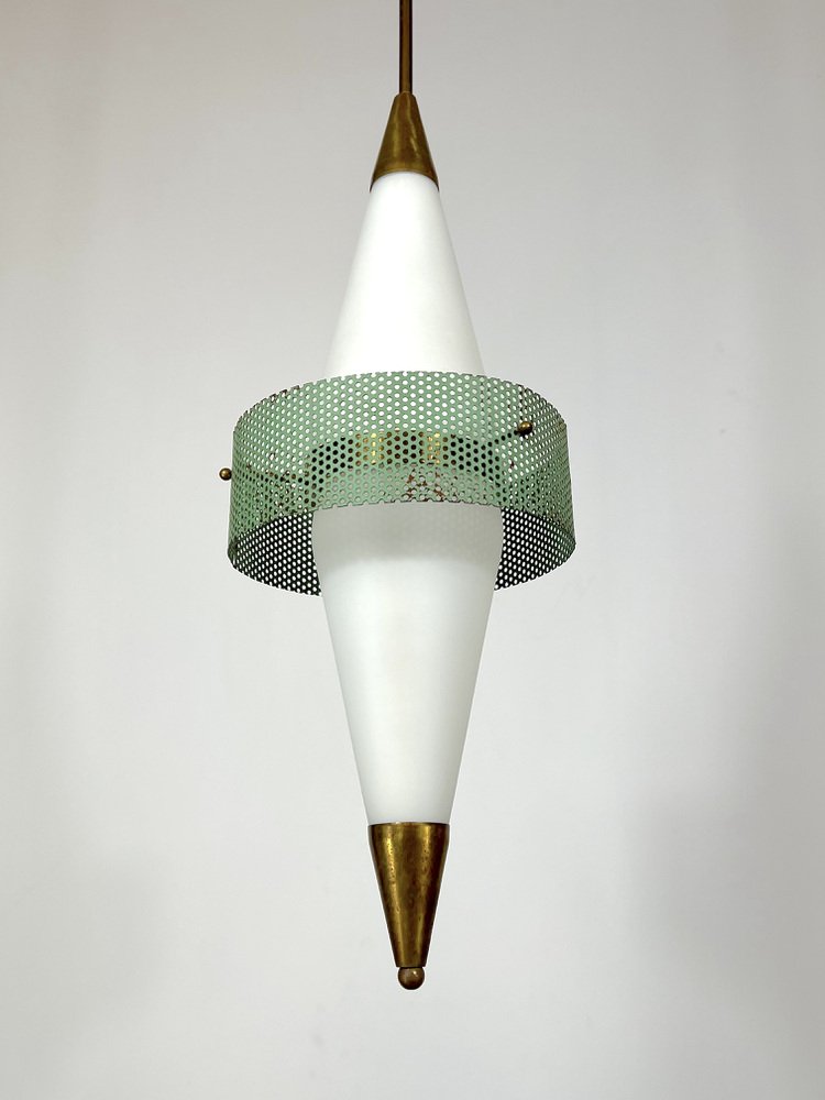 Mid-Century Brass and Triplex Opaline Glass Pendant Lamp from Stilnovo