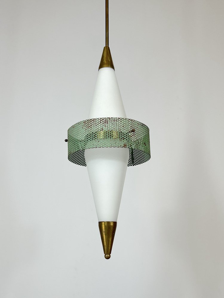 Mid-Century Brass and Triplex Opaline Glass Pendant Lamp from Stilnovo