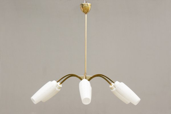 Mid-Century Brass and White Glass Screens 6-Arm Rod Pendant Lamp-DUM-1155196