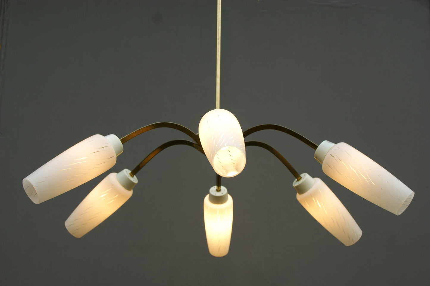 Mid-Century Brass and White Glass Screens 6-Arm Rod Pendant Lamp