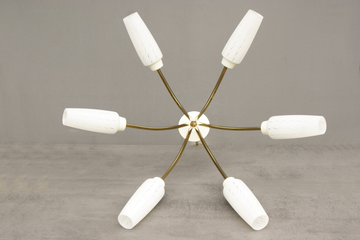 Mid-Century Brass and White Glass Screens 6-Arm Rod Pendant Lamp