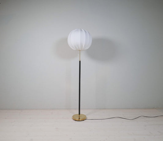 Mid-Century Brass Black Leather Floor Lamp from Falkenbergs Lighting, Sweden, 1960s