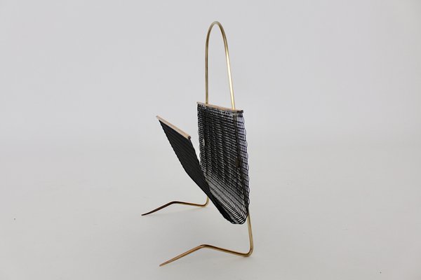 Mid-Century Brass Black Magazine Rack, 1950s-NB-687726