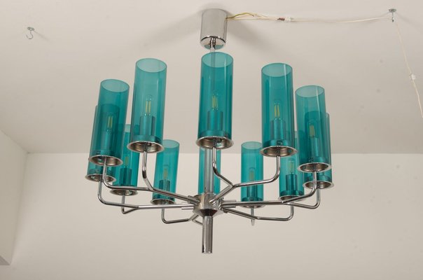 Mid-Century Brass & Blue Glass Model T434 12 Chandelier by Hans-Agne Jakobsson for Hans-Agne Jakobsson AB Markaryd-AX-801803