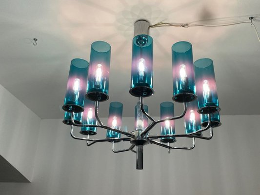 Mid-Century Brass & Blue Glass Model T434 12 Chandelier by Hans-Agne Jakobsson for Hans-Agne Jakobsson AB Markaryd-AX-801803