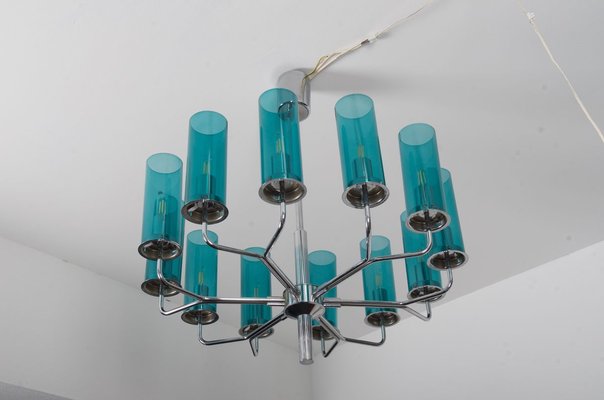 Mid-Century Brass & Blue Glass Model T434 12 Chandelier by Hans-Agne Jakobsson for Hans-Agne Jakobsson AB Markaryd-AX-801803