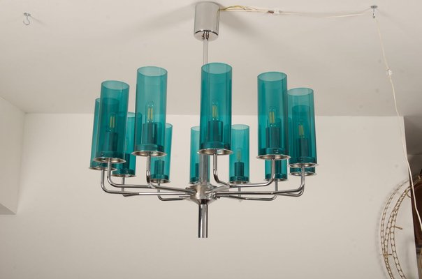 Mid-Century Brass & Blue Glass Model T434 12 Chandelier by Hans-Agne Jakobsson for Hans-Agne Jakobsson AB Markaryd-AX-801803