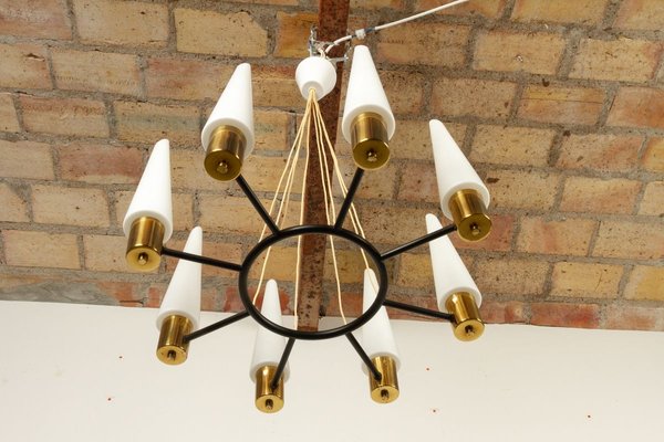 Mid-Century Brass Ceiling Lamp with Opal Glass Shades, 1960s-WIX-745814