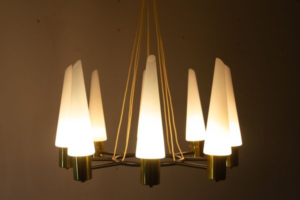 Mid-Century Brass Ceiling Lamp with Opal Glass Shades, 1960s-WIX-745814