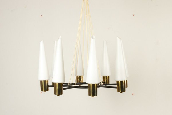 Mid-Century Brass Ceiling Lamp with Opal Glass Shades, 1960s-WIX-745814