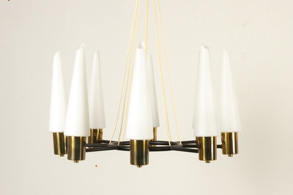 Mid-Century Brass Ceiling Lamp with Opal Glass Shades, 1960s-WIX-745814