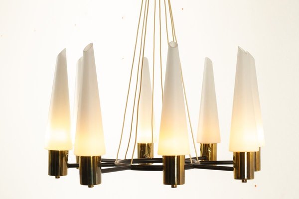 Mid-Century Brass Ceiling Lamp with Opal Glass Shades, 1960s-WIX-745814