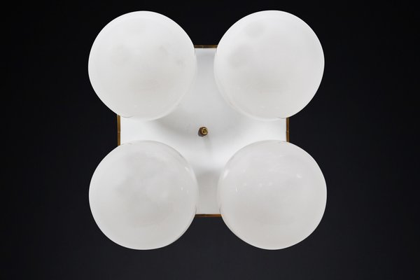 Mid-Century Brass Ceiling Light with Pearl White Glass Globe, 1970s-TRW-1797115