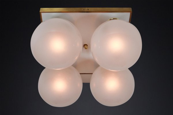 Mid-Century Brass Ceiling Light with Pearl White Glass Globe, 1970s-TRW-1797115