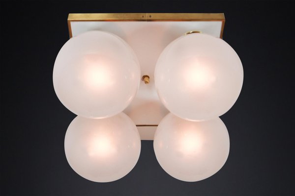 Mid-Century Brass Ceiling Light with Pearl White Glass Globe, 1970s-TRW-1797115