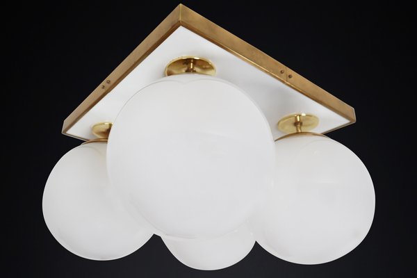 Mid-Century Brass Ceiling Light with Pearl White Glass Globe, 1970s-TRW-1797115