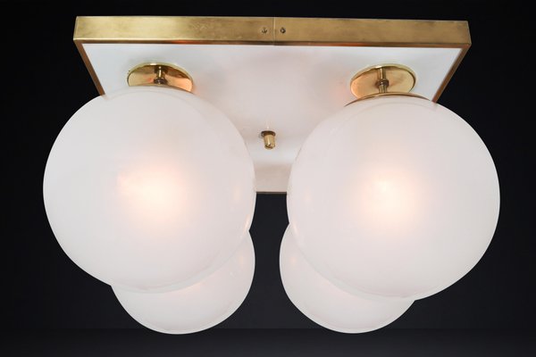 Mid-Century Brass Ceiling Light with Pearl White Glass Globe, 1970s-TRW-1797115