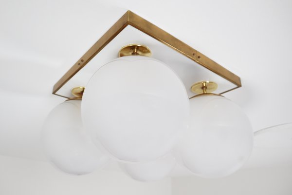 Mid-Century Brass Ceiling Light with Pearl White Glass Globe, 1970s-TRW-1797115