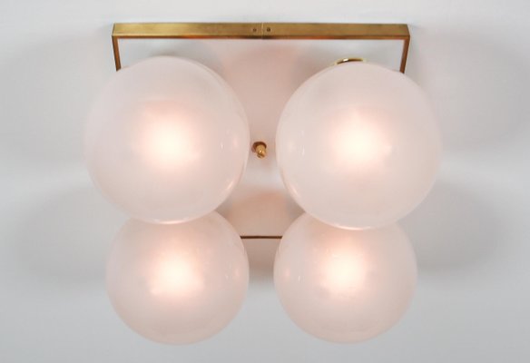 Mid-Century Brass Ceiling Light with Pearl White Glass Globe, 1970s-TRW-1797115