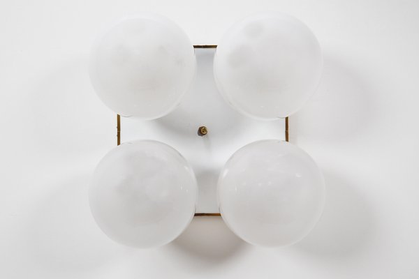 Mid-Century Brass Ceiling Light with Pearl White Glass Globe, 1970s-TRW-1797115