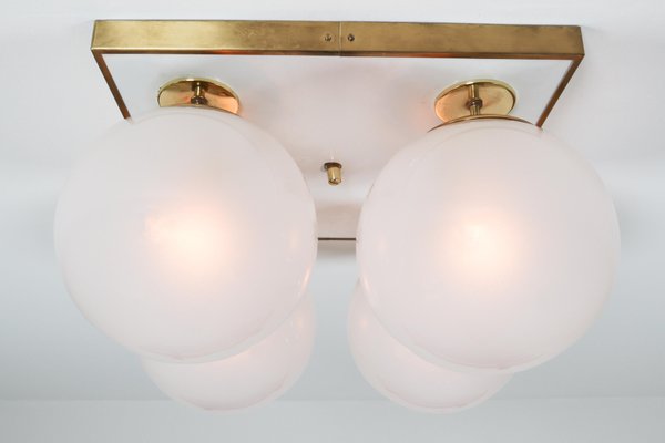 Mid-Century Brass Ceiling Light with Pearl White Glass Globe, 1970s-TRW-1797115