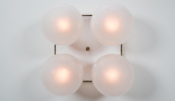 Mid-Century Brass Ceiling Light with Pearl White Glass Globe, 1970s-TRW-1797115