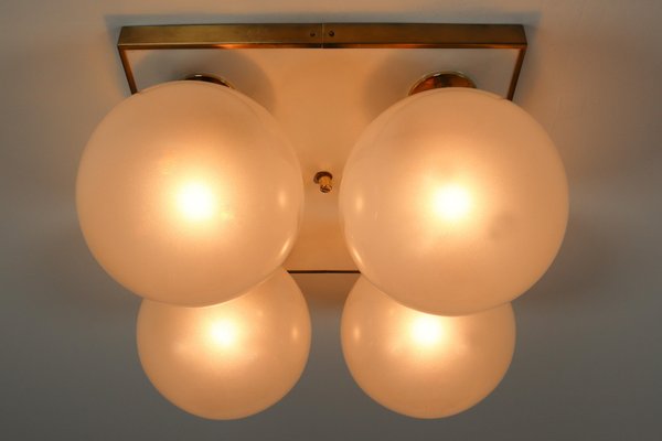 Mid-Century Brass Ceiling Light with Pearl White Glass Globe, 1970s-TRW-1797115