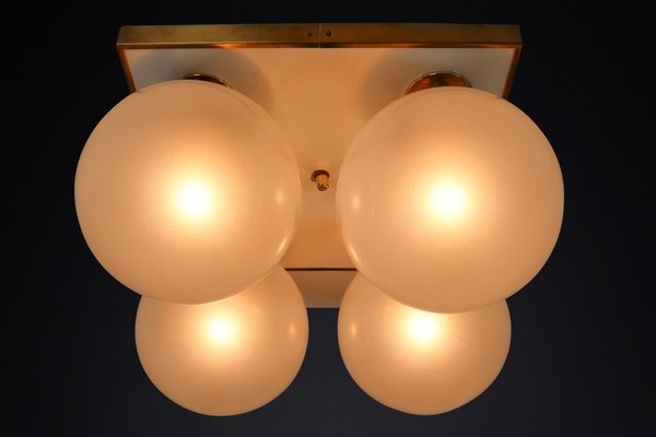 Mid-Century Brass Ceiling Light with Pearl White Glass Globe, 1970s-TRW-1797115