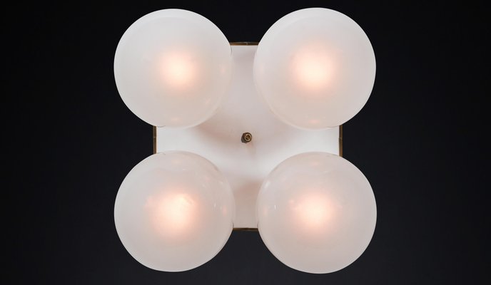 Mid-Century Brass Ceiling Light with Pearl White Glass Globe, 1970s-TRW-1797115