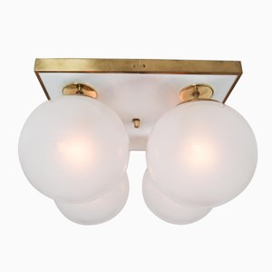 Mid-Century Brass Ceiling Light with Pearl White Glass Globe, 1970s-TRW-1797115