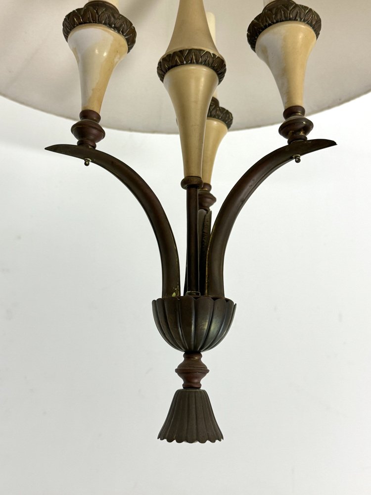 Mid-Century Brass Chandelier with Fabric Lampshade, 1950s