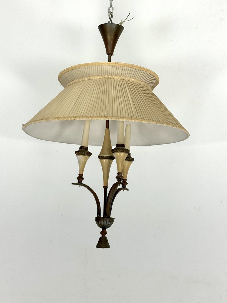 Mid-Century Brass Chandelier with Fabric Lampshade, 1950s