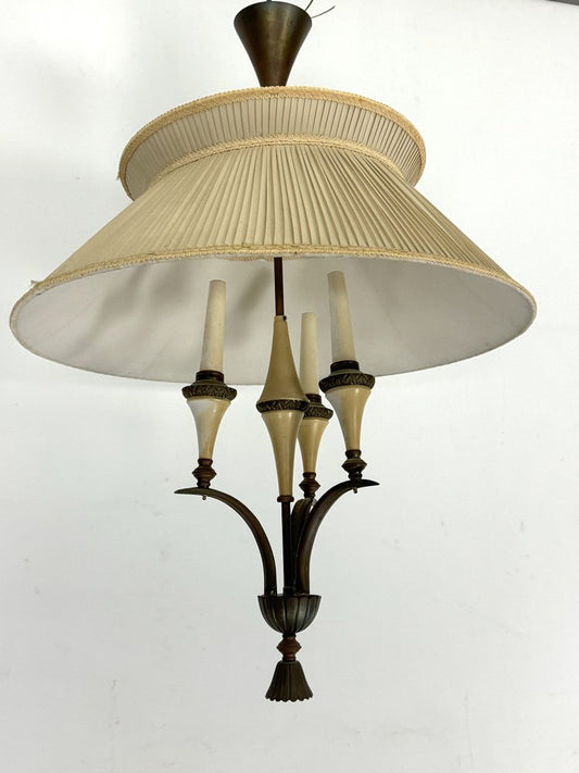 Mid-Century Brass Chandelier with Fabric Lampshade, 1950s