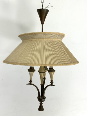 Mid-Century Brass Chandelier with Fabric Lampshade, 1950s-OT-1767825