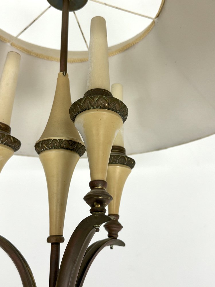 Mid-Century Brass Chandelier with Fabric Lampshade, 1950s