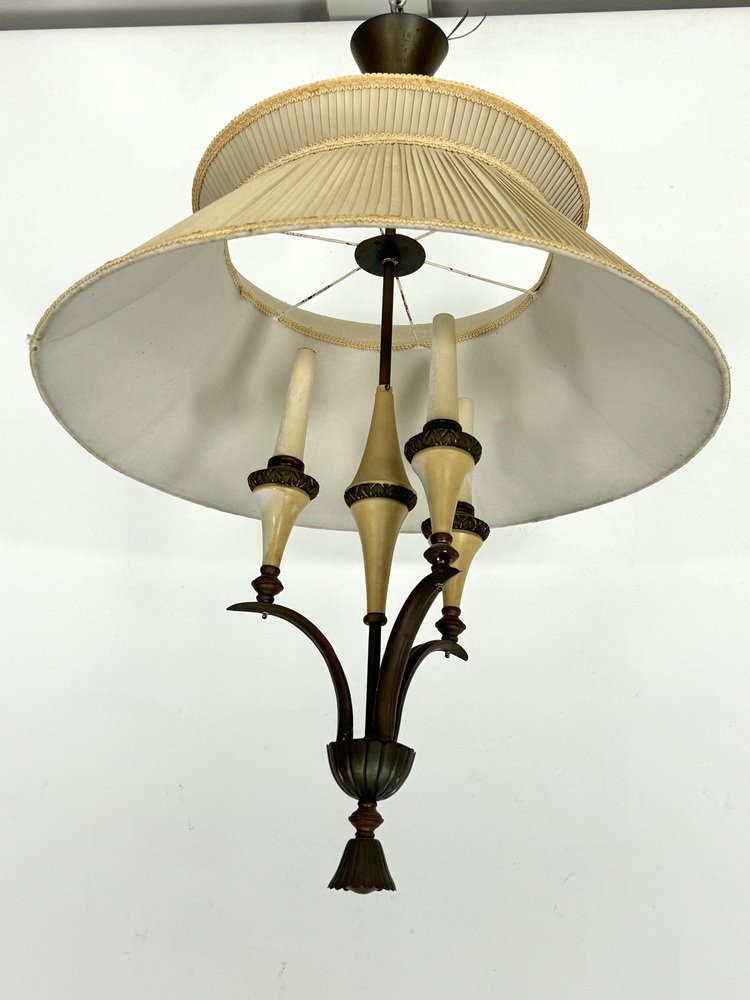 Mid-Century Brass Chandelier with Fabric Lampshade, 1950s