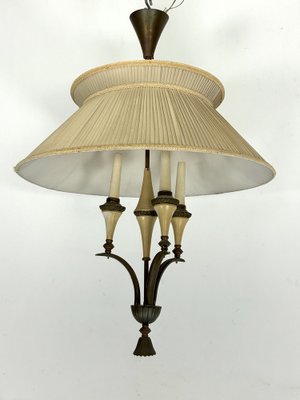 Mid-Century Brass Chandelier with Fabric Lampshade, 1950s-OT-1767825