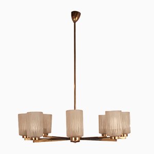 Mid-Century Brass Chandelier with Glass Lampshades, Germany-KT-883301