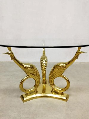 Mid-Century Brass Coffee Table with Golden Peacocks-BW-844365