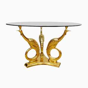 Mid-Century Brass Coffee Table with Golden Peacocks-BW-844365